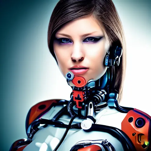 Prompt: photo portrait of i beautiful female cyborg