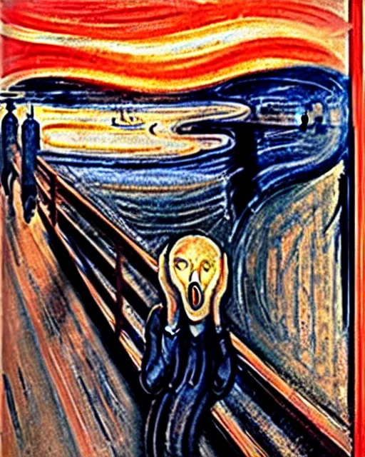 Image similar to the scream, fox, red fox, by edvard munch, fox, the scream