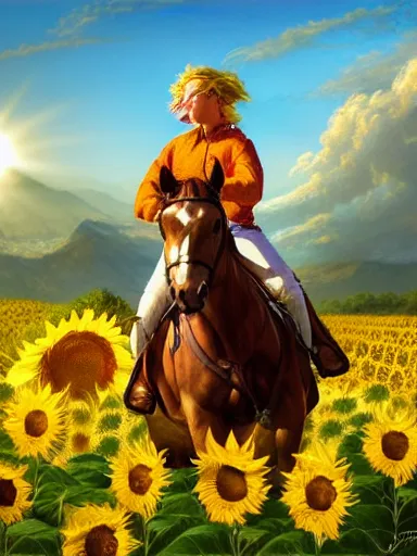 Image similar to a happy querub, riding a horse in a sunflower field, a giant sun in the background. intricate, elegant, highly detailed, digital painting, artstation, concept art, sharp focus, illustration, by justin gerard and artgerm, 8 k