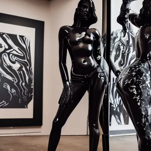 Image similar to very very beautiful dark black marble statue of a beautiful woman with colorful motocross logos on the wall behinder in the background in the style of virgil abloh, dark soft lighting, cinematic, detailed, off white, heron preston, 8 k, 4 k, detailed, beautiful, symmetrical, vogue, editorial, fashion, magazine, museum lighting, night time, dark