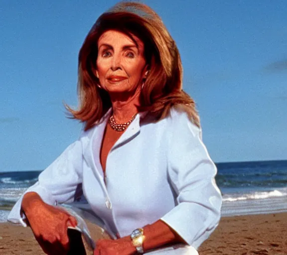 Image similar to color still shot of nancy pelosi on baywatch 1 9 8 9 tv show, face closeup,