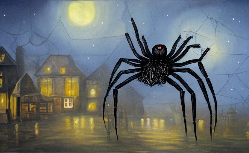 Image similar to surreal painting of a giant spider in the village at a cloudy night