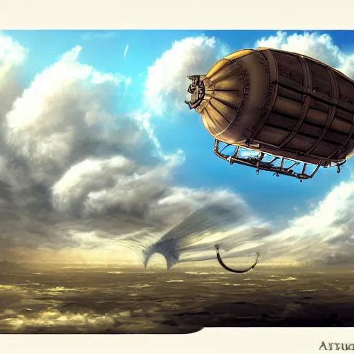 Image similar to A steampunk airship flying through the clouds towards a towards a steampunk city, fantasy anime style