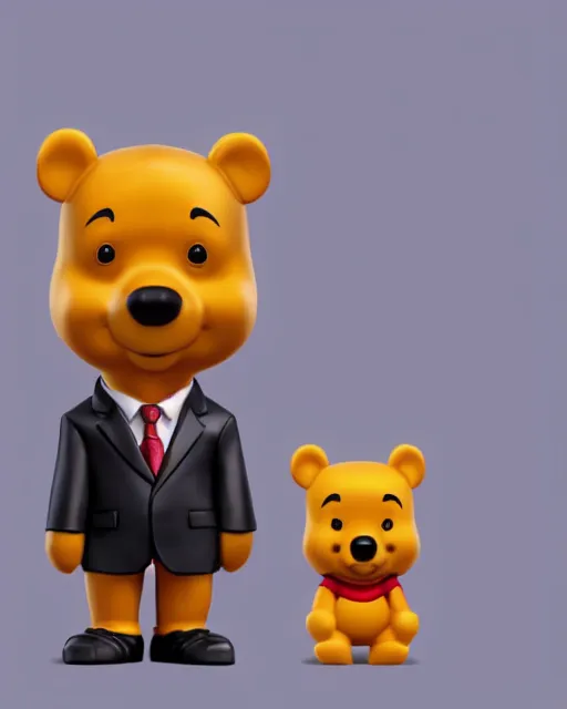 Prompt: full body 3d render of xi jinping as winnie-the-pooh wearing a suit as a funko pop, studio lighting, white background, blender, trending on artstation, 8k, highly detailed