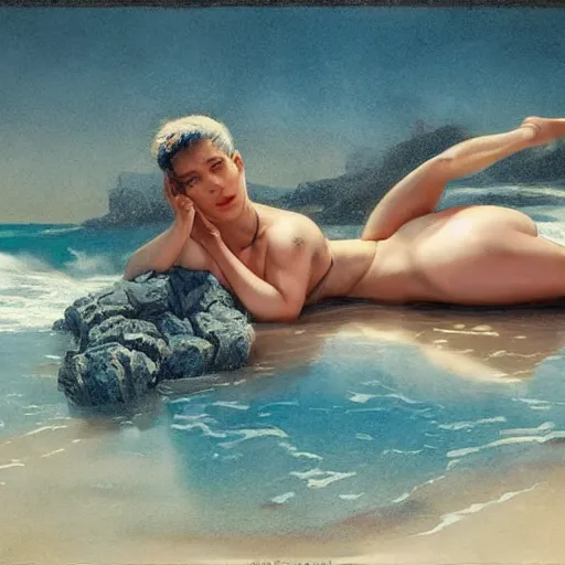 Image similar to halsey in a bikini, 8 k octane beautifully detailed render, post - processing, extremely hyper - detailed, intricate, epic composition, cinematic lighting, masterpiece, trending on artstation, masterpiece, stunning art by anders zorn, wonderful masterpiece by greg rutkowski, beautiful cinematic