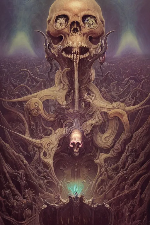 Image similar to evil gigantic alien skull lord demon of death, fantasy painting, ultra realistic, wide angle, art nouveau, intricate details, rainbowshift, vivid colors, highly detailed by peter mohrbacher, h. r. giger, maxfield parrish, gaston bussiere, gustave dore, craig mullins