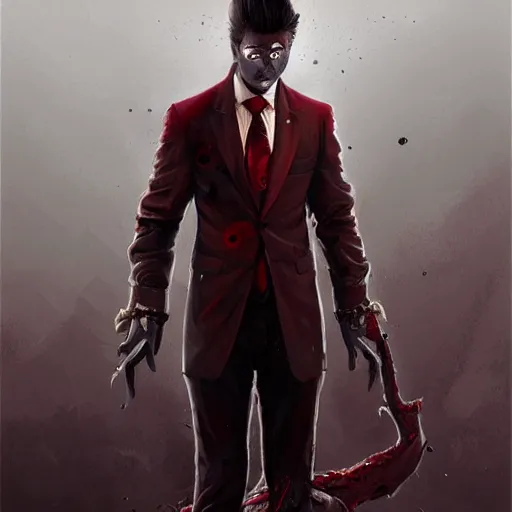 Image similar to portrait of rajesh hamal upper body in bloody business suit, blood red eyes, vampire fangs, fantasy, intricate, elegant, highly detailed, digital painting, artstation, concept art, matte, sharp focus, illustration, art by aenaluck and roberto ferri and greg rutkowski, epic fantasy, digital painting