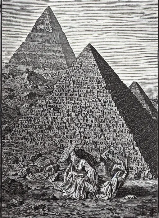 Image similar to nyarlatothep, the bloody tongue, pyramids in the background, in the style of gustav dore