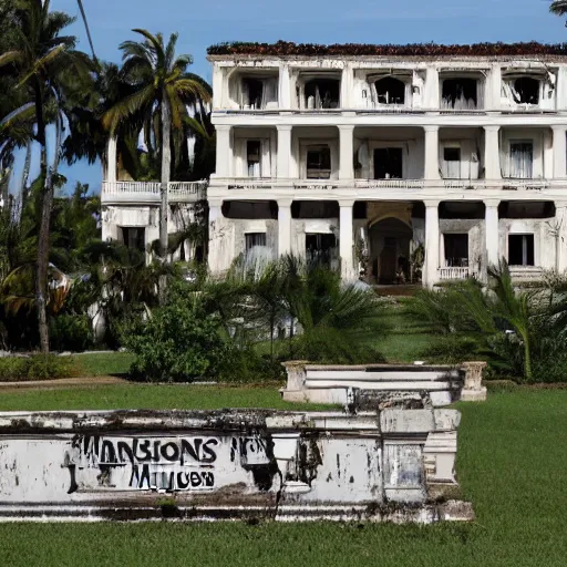 Image similar to The Mansion from Scarface (1983) being reclaimed by nature, in ruins, The world is yours statue