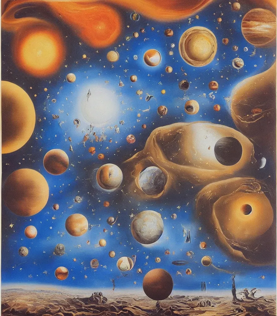 Prompt: a beautiful surrealistic painting of planets and stars in the universe by salvador dali, trending on artstation., oil painting
