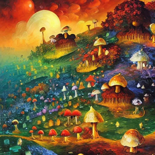 Prompt: mushroom village, art by james christensen, rob gonsalves, paul lehr, leonid afremov and tim white