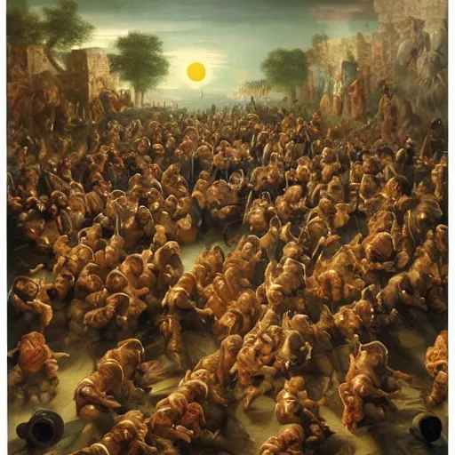 Prompt: baroque painting of army of dwarves at night