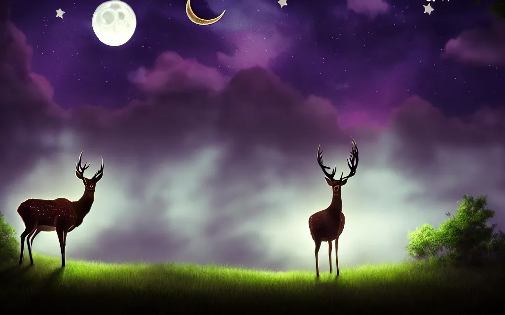 Image similar to a deer in headlights, dark night!, crescent moon, clouds, stars in the sky, trees on either side, beautiful lighting, vivid colors!, highly detailed, cinematic, 4 k, trending on artstation, deviantart featured