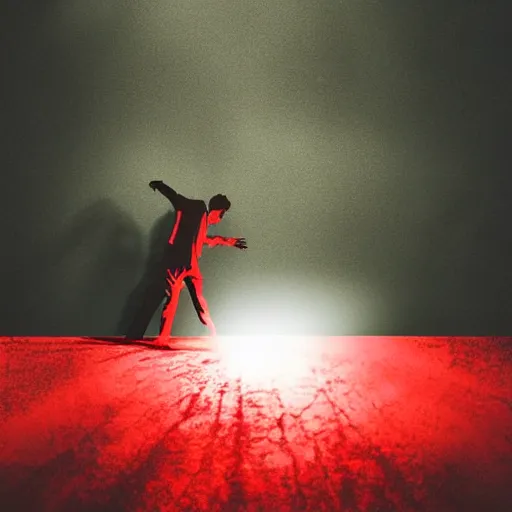 Image similar to Tension building scene someone coming out of pitch black darkness with hand grasping toward the camera, red light, horror movie, Movie Cinematography