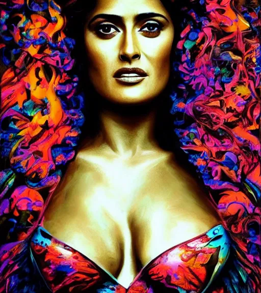 Prompt: beautiful painting of salma hayek by dariusz zawadski, contemporary, creepy, colorful acrylic, airbrush painting, realistic portrait by kehinde wiley and archan nair, colored pencil sketch, hyperrealism, pastel chalk, oilpastels