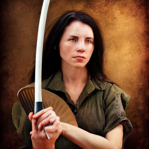 Prompt: a woman warrior holding a frying pan. high definition. hyper realistic. digital art