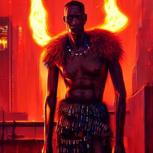 Image similar to shaka zulu as a cybperpunk gangster, eating fire in the neon ghetto, by greg rutkowski and android jones in a surreal portrait style, cyberpunk, oil on canvas, 8k