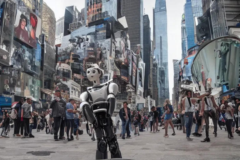 Image similar to cinematography sleek humanoid robot clones helping people in time squares by Emmanuel Lubezki