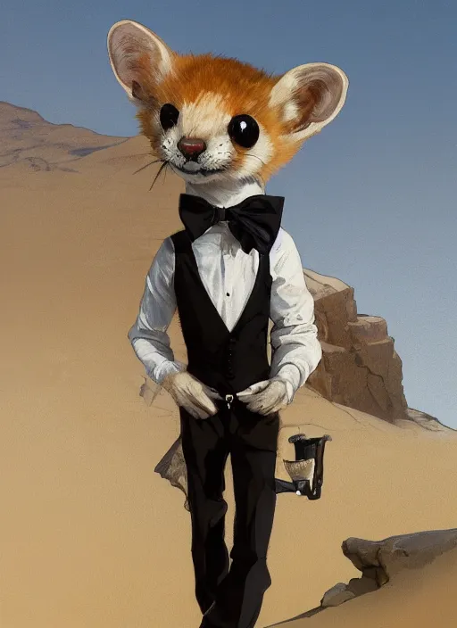 Prompt: Character portrait of a happy furry anthro stoat wearing a white shirt, tan vest, bowtie, and black slacks in the desert wilderness, intricate, elegant, highly detailed, digital painting, artstation, concept art, smooth, sharp focus, illustration, art by Krenz Cushart and Artem Demura and alphonse mucha