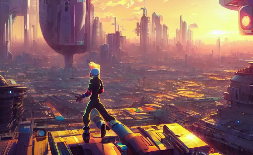 Prompt: The Cybertronic city of anime character Astroboy, panoramic city scape, golden hour sunlight, award winning painting, artstation, concept art, digital painting, Unreal Engine 5, 8K, art by artgerm and greg rutkowski and makoto shinkai and alphonse mucha and ross tran