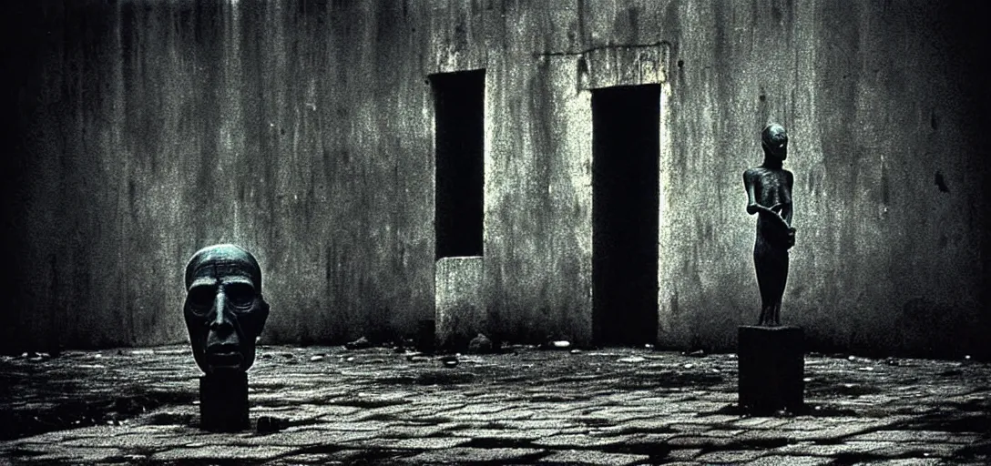 Prompt: deep shadows horror dystopian surreal photograph of a single eerie head statue surrounded by buildings by zdzisław beksinski and caravaggio, poverty, broken, relic