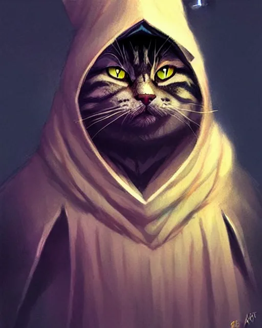 Image similar to A wizard cat, wizard hat, bearded, cat shaped staff, highly detailed, sharp focus, art by Artgerm and Greg Rutkowski and WLOP