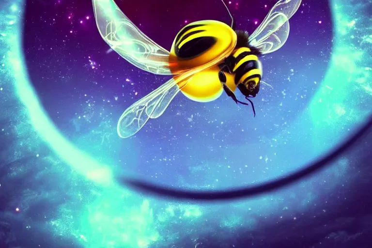 Prompt: bumble bee flying through a glowing ring descending upon the earth, psychedelic landscape, trending on artstation, featured on deviantart, award winning digital artwork art