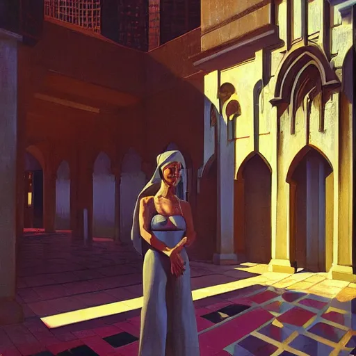 Image similar to beautiful woman, courtyard, capital, mosque interior, reflections, control panel, watcher, omniscient, tech noir, few neon signs, syd mead, matte painting, speed painting, chiaroscuro, oil on canvas