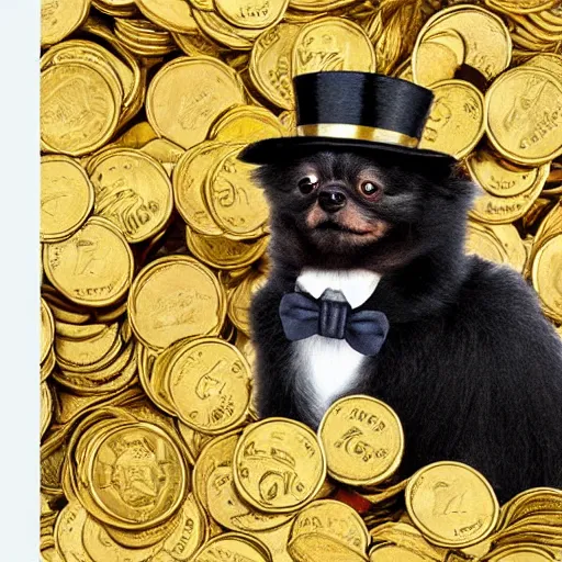 Prompt: A pomeranian wearing a top-hat and a monocle, sitting on a pile of gold coins