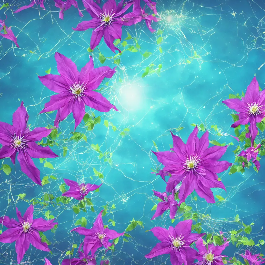 Image similar to clematis theme logo, clematis theme banner, clematis design, clematis in the deep sea, clematis like stars in the sky, trending on artstation, warm light, lovely and cute, fantasy art, 8 k resolution