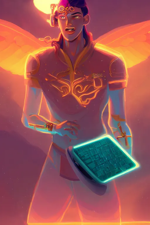 Image similar to the handsome god hermes, wearing winged helmet, holding glowing laptop computer, digital painting bioluminance alena aenami artworks in 4 k design by lois van baarle by sung choi by john kirby artgerm style pascal blanche and magali villeneuve