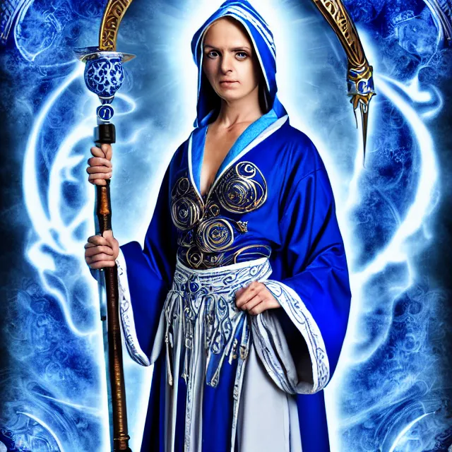 Image similar to elemental sky witch in ornate blue and white robes and staff, highly detailed, 8 k, hdr, anne stokes