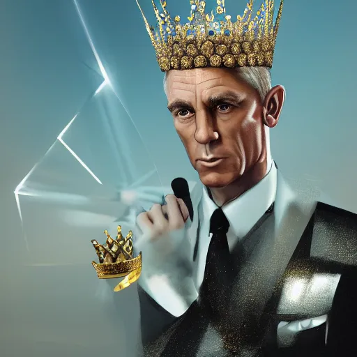 Image similar to James Bond with a diamond jeweled crown with a golden crown, photo-realistic, highly detailed, 8k, in the art style of Filip Hodas, 8k