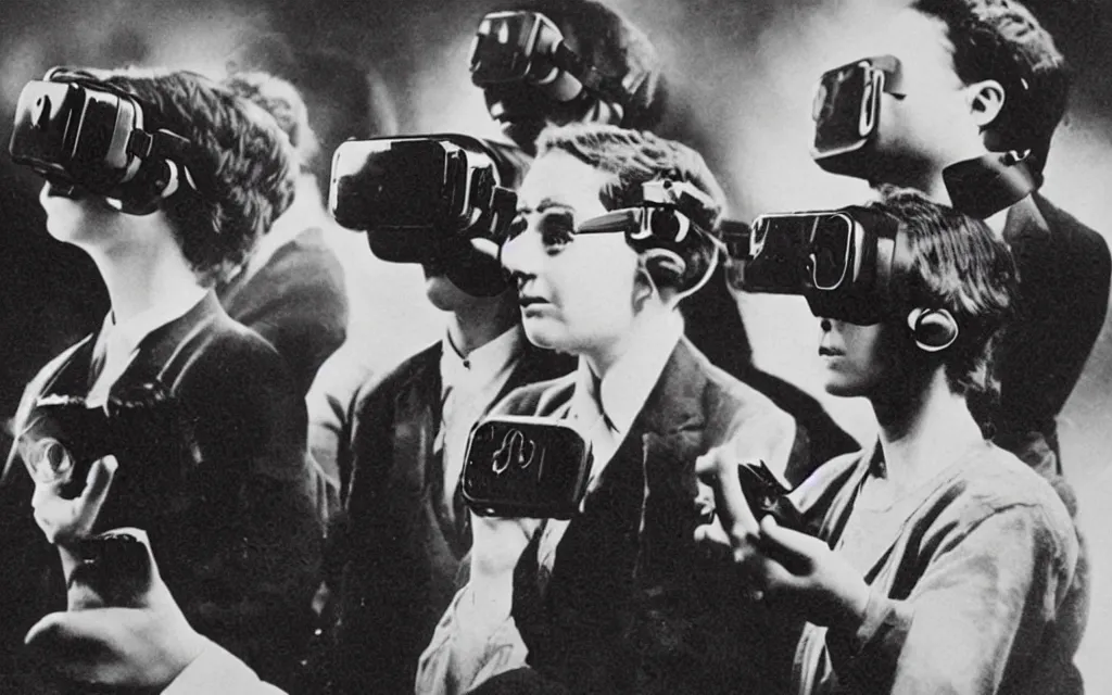 Image similar to 1 9 0 0 s photo of people using iphones ipods virtual reality headsets vr in a movie theater double exposure masterpiece