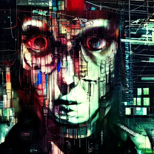 Prompt: glitchcore portrait of a cybercity dreamer, wires, machines, in a dark future city by jeremy mann, francis bacon and agnes cecile, and dave mckean ink drips, paint smears, digital glitches glitchart