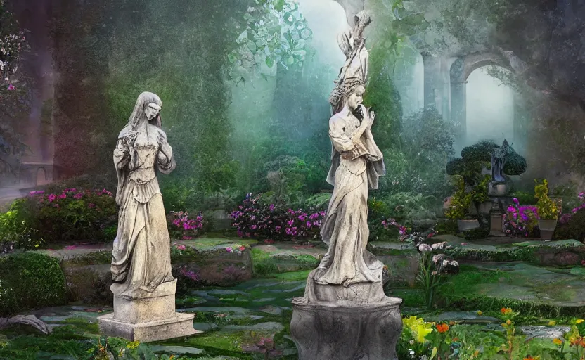 Image similar to The kneeling statue of a woman in a beautiful garden, next to a fountain and a mystical palace, and all this in a foggy and mysterious atmosphere.Fantasy and concept art, colorful digital painting.