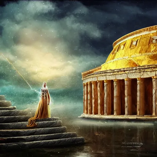 Prompt: young ancient greek woman in golden helmet, a floating pantheon palace in the sky, clouds background, island floating in the sky, epic fantasy style art, fantasy epic digital art