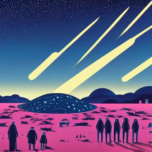 Prompt: colorful ilya kuvshinov, mcbess, rutkowski, illustration of an amazing meteor shower