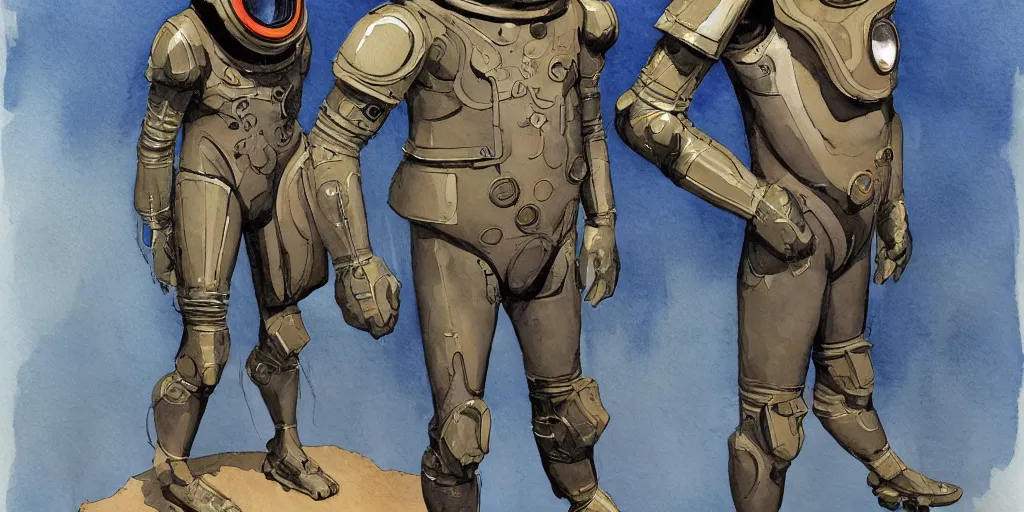 Image similar to male, full body, modern space suit, intriguing helmet, very stylized character design, large shoulders, short torso, long thin legs, tiny feet, science fiction, hyperdetailed, technical suit, dieselpunk, watercolor digital painting, in the style of mike mignola, by alex maleev, jean giraud, painted by leyendecker