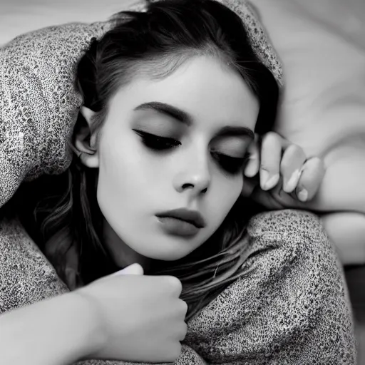 Prompt: black and white fashion photograph, highly detailed portrait of a depressed girl drug dealer lying in bed, detailed face looking into camera, eye contact, natural light, mist, lomo, fashion photography, film grain, soft vignette, sigma 85mm f/1.4 1/10 sec shutter, Darren Aronofsky film still promotional image, IMAX 70mm footage