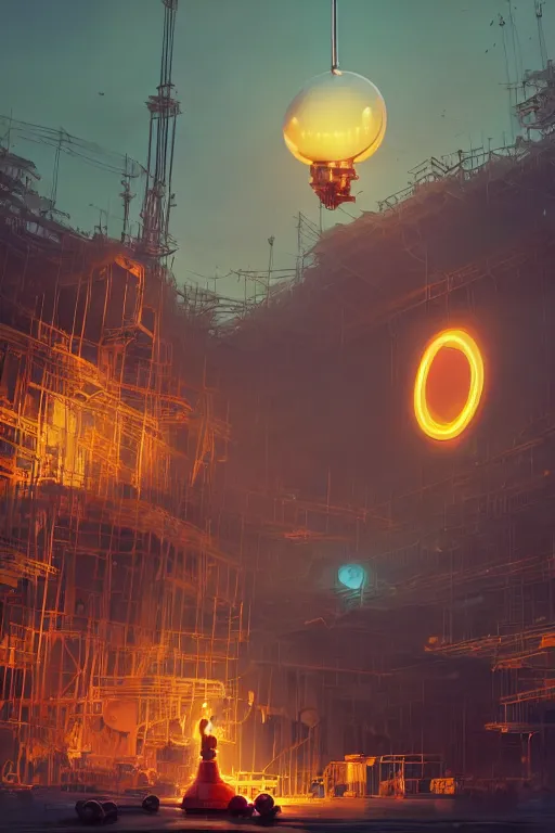 Prompt: repairing huge mickey mouse head done by constructors / workers / mechanics in some facility, big glowing netflix logo behind, greg rutkowski, beeple, gilleard, alphonse mucha cgsociety, unreal engine, octane render, highly detailed 4 k art, smooth, sharp focus, cinematic lighting, volumetric lighting, artstation,