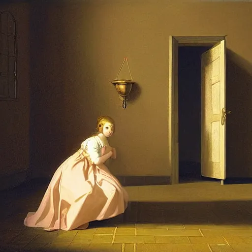 Prompt: representation of a royal girl in a doomed jail, with just a beam of light coming from a little window in the style of John Singleton Copley, American painter