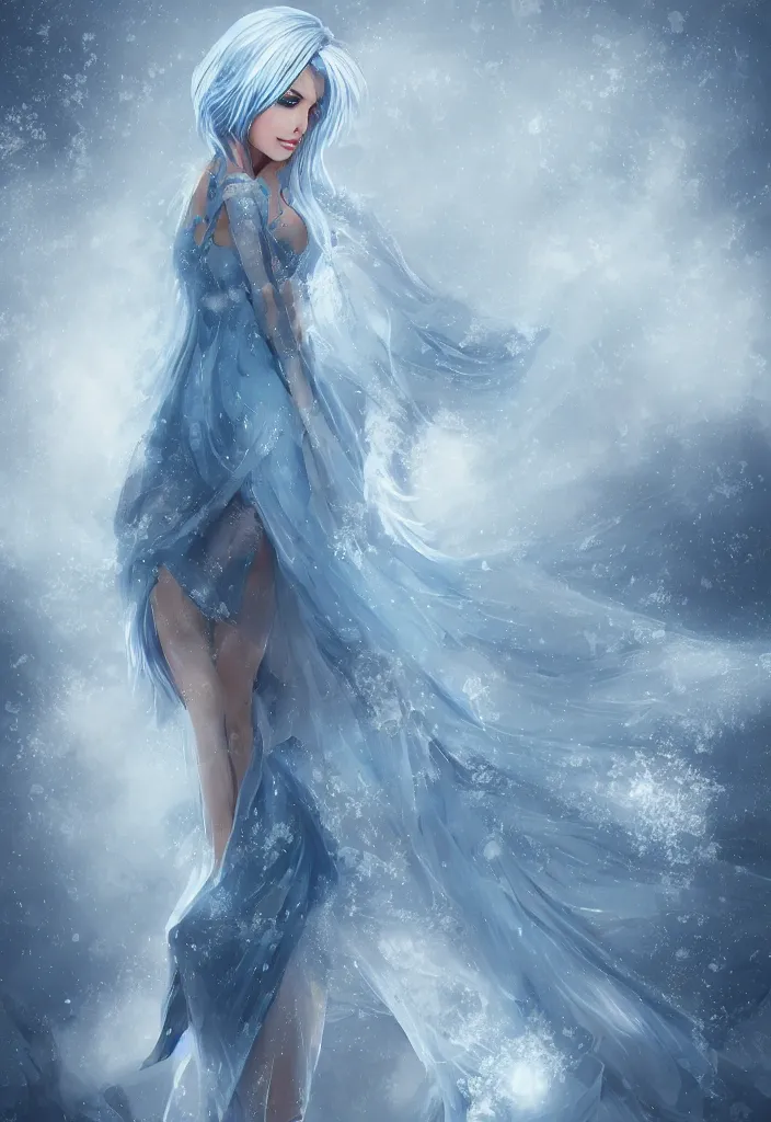 Prompt: a stunningly pretty woman with pale blue hair wearing a dress made out of snowflake in the middle of a snowstorm. award - winning digital art, trending on artstation