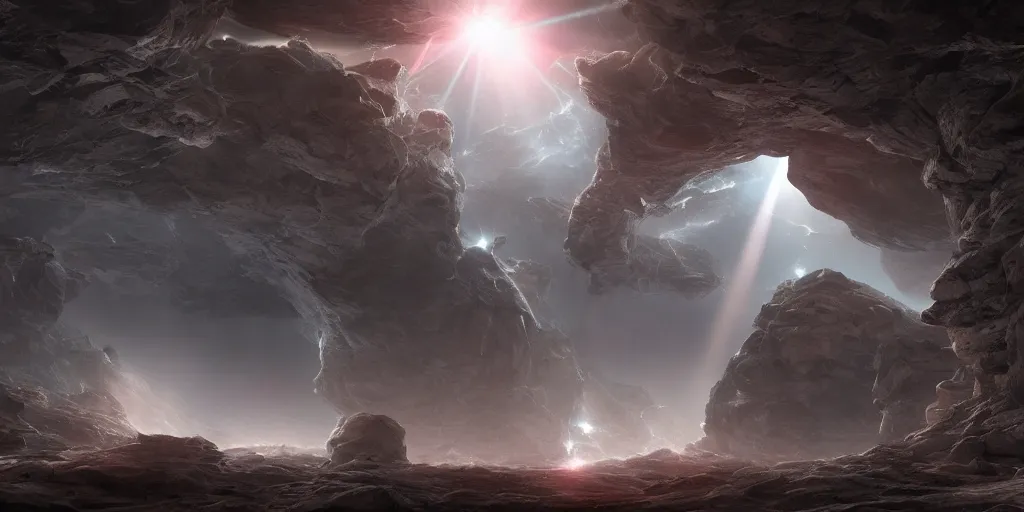 Image similar to ancient alien portal, crowd of androids, beams of light from sky, wormhole, matte painting, dreamscape, digital rain, global illumination, the great beyond, trending on artstation