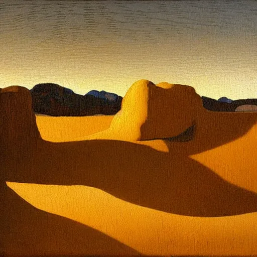 Prompt: desert landscape oil painting at twilight, intricate lines, elegant, extreme detail, smooth, sharp focus, art by vermeer and edward church