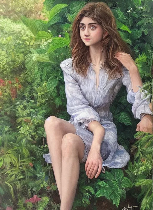 Image similar to a beautiful portrait of Natalia Dyer sitting in a stunning garden, Artgerm, hyperdetailed, realistic