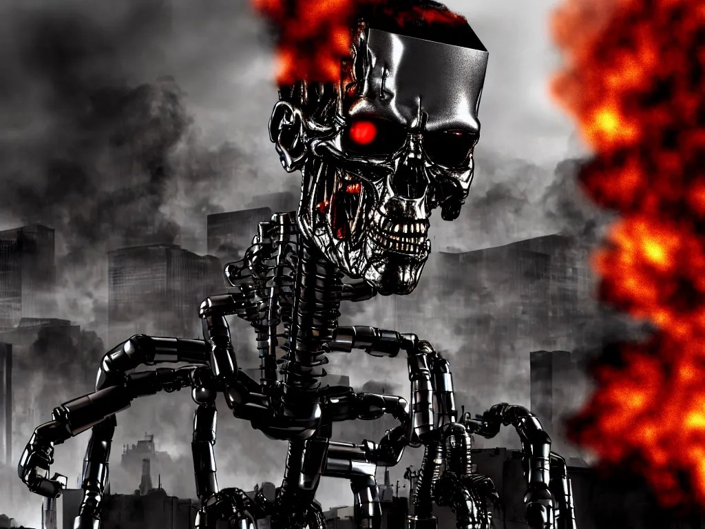 Image similar to terminator endoskeleton close up with a city street background, smoke, fi, chrome, shiny, reflective, metallic, 3 d, render, realistic, hdr, stan winston studios, dramatic lighting, flame colors bright