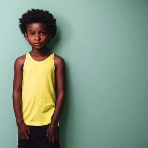 Prompt: black boy wearing a white tank top. Standing in a room with yellow walls and brown carpet