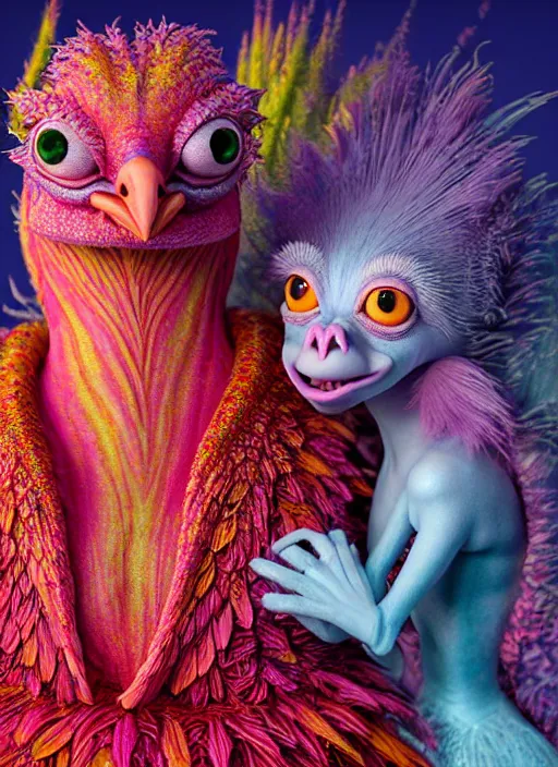 Image similar to hyper detailed 3d render like a Oil painting - kawaii portrait of two Aurora (a beautiful skeksis muppet fae princess protective playful expressive from dark crystal that looks like Anya Taylor-Joy) seen red carpet photoshoot in UVIVF posing in scaly dress to Eat of the Strangling network of yellowcake aerochrome and milky Fruit and His delicate Hands hold of gossamer polyp blossoms bring iridescent fungal flowers whose spores black the foolish stars by Jacek Yerka, Ilya Kuvshinov, Mariusz Lewandowski, Houdini algorithmic generative render, golen ratio, Abstract brush strokes, Masterpiece, Edward Hopper and James Gilleard, Zdzislaw Beksinski, Mark Ryden, Wolfgang Lettl, hints of Yayoi Kasuma and Dr. Seuss, octane render, 8k