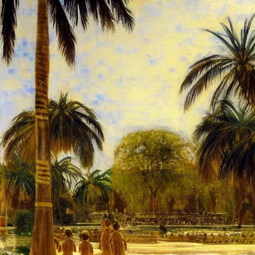 Prompt: a ultradetailed beautiful painting of a golden palace on amazonas by jules bastien - lepage, hans belmer, frank weston and gustave baumann, trending on artstation, mediterranean, palm trees, light sparkles, sharp focus, soft light